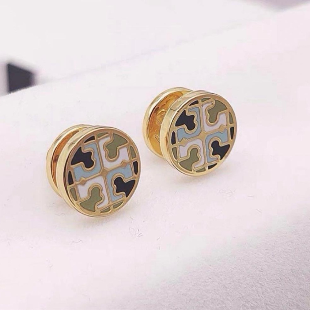 Tory Burch Gold Tone Enamel Logo Stud Earrings - Black, Light Blue, Olive